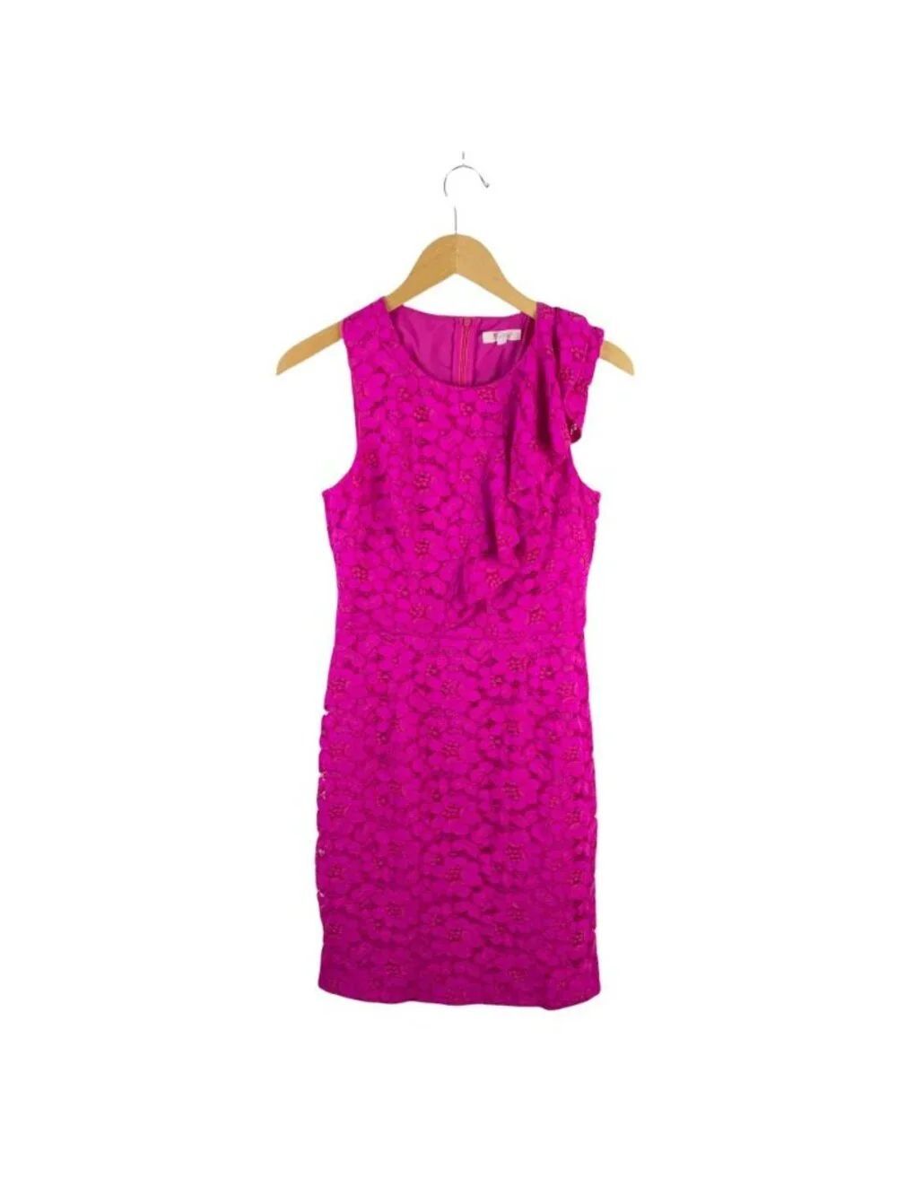 Trina Turk Dress Womens 4 Hot Pink Lace Ruffle Mini Sheath Lined Sleeveless